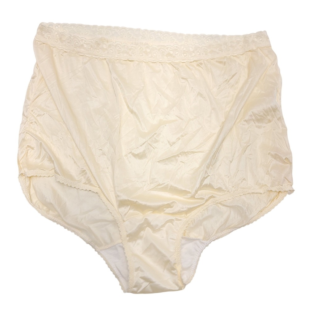 Vintage Honors Cream Nylon Lace Trim High Waist Brief Panties Size 9 Made in USA